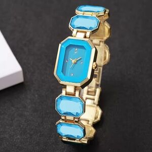 Classic Aquamarine Crystal Elegant Gold Watch